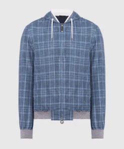 Blue Checked Cashmere, Wool, Silk And Linen Jacket