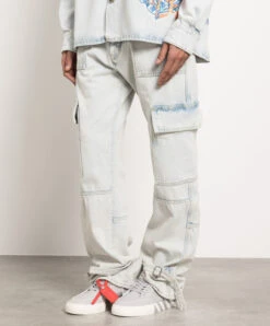 Off-White Blue Cargo Jeans With Graffiti Embroidery -Summer Fashion Clothing 053bcd58 fda8 43d9 be86 e9f9fcb43648