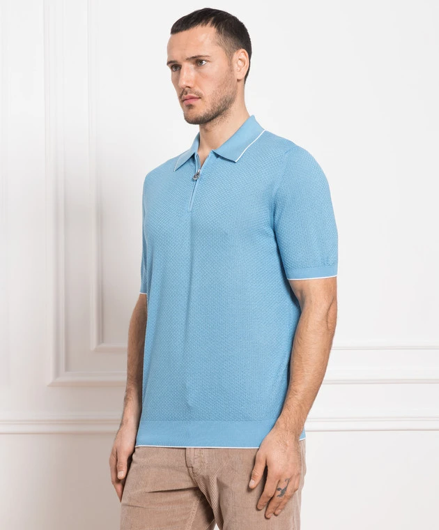 Blue Polo Shirt Made Of Silk In A Woven Pattern 3 Blue Polo Shirt Made Of Silk In A Woven Pattern - Image 3