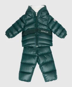 Children's Dark Green Set Of Overalls And Down Jacket With Logo