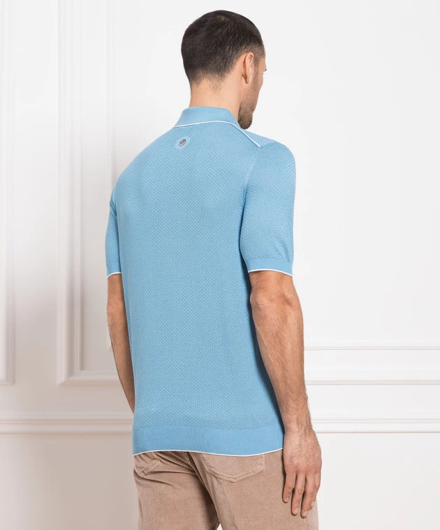 Blue Polo Shirt Made Of Silk In A Woven Pattern 4 Blue Polo Shirt Made Of Silk In A Woven Pattern - Image 4