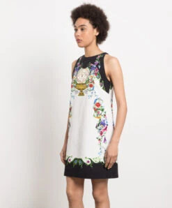 Versace Jeans Couture White Denim Dress In V-EMBLEM Garden Print -Summer Fashion Clothing 3b7bef16 9f64 4217 9867 62746b32e33f