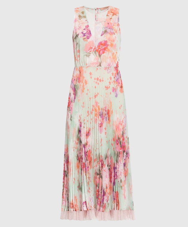 TWINSET Green Dress With Pleating In A Floral Print 1 TWINSET Green Dress With Pleating In A Floral Print