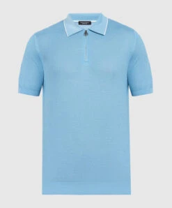 Blue Polo Shirt Made Of Silk In A Woven Pattern