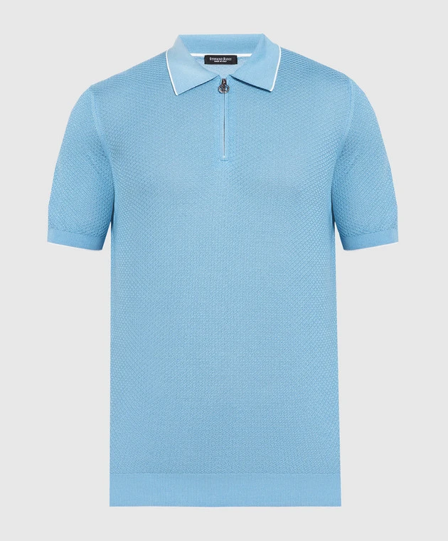 Blue Polo Shirt Made Of Silk In A Woven Pattern 1 Blue Polo Shirt Made Of Silk In A Woven Pattern