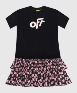 Off-White Children's Black T-shirt Dress With Logo Print