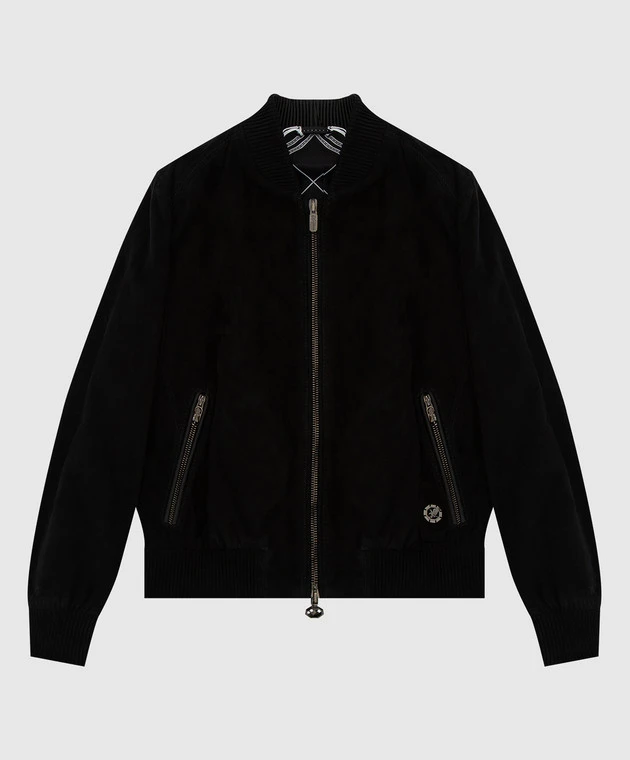 Children's Black Suede Bomber Jacket With Emblem 1 Children's Black Suede Bomber Jacket With Emblem