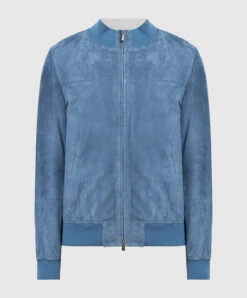 Blue Leather Bomber Jacket