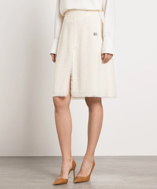 Dolce & Gabbana Beige Wool Tweed Skirt With DG Logo 3 Dolce & Gabbana Beige Wool Tweed Skirt With DG Logo - Image 3