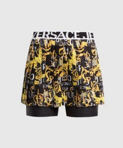 Versace Jeans Couture Black Skirt-shorts With Pleating In Logo Couture Print