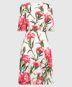 Dolce & Gabbana White Silk Dress With Carnation Print