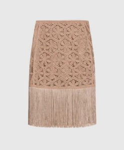 TWINSET Brown Openwork Skirt With Fringe