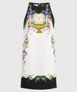 Versace Jeans Couture White Denim Dress In V-EMBLEM Garden Print